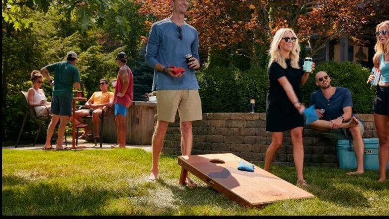 A family enjoys games in their Colorado back yard.